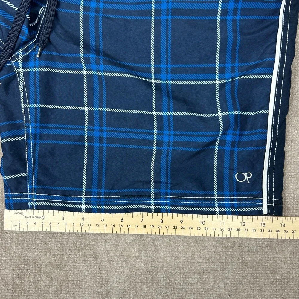 Ocean Pacific Swim Trunks Shorts Mens Large Navy Blue Plaid Mesh Lined Surfing
